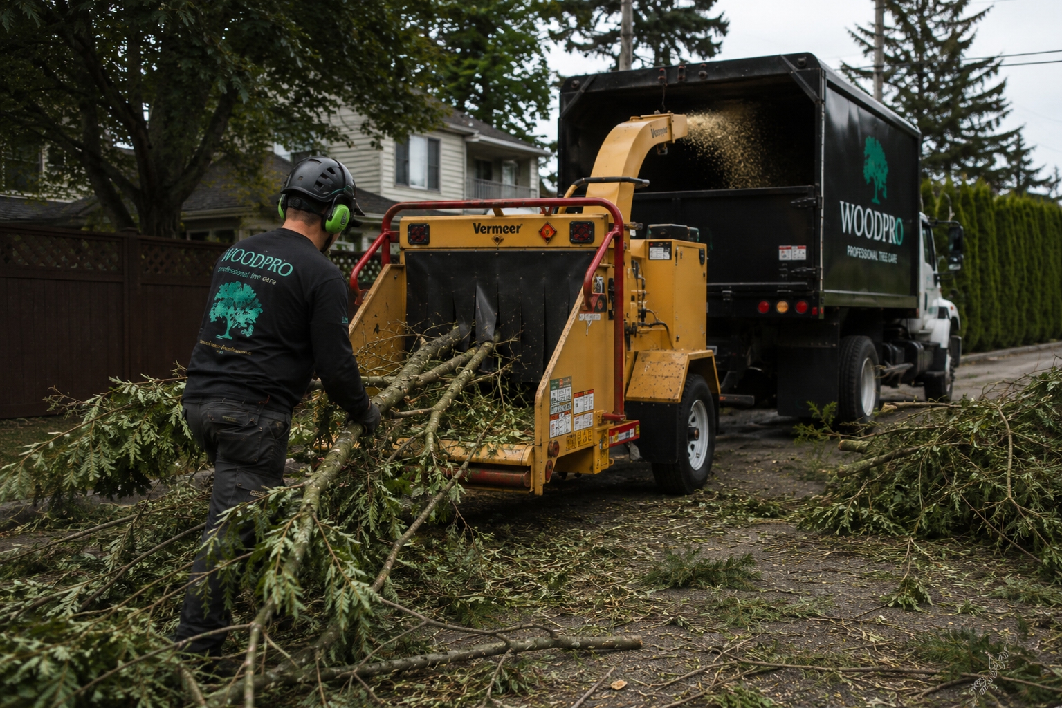 Woodpro crew member beside branches, a chipper and a debris truck