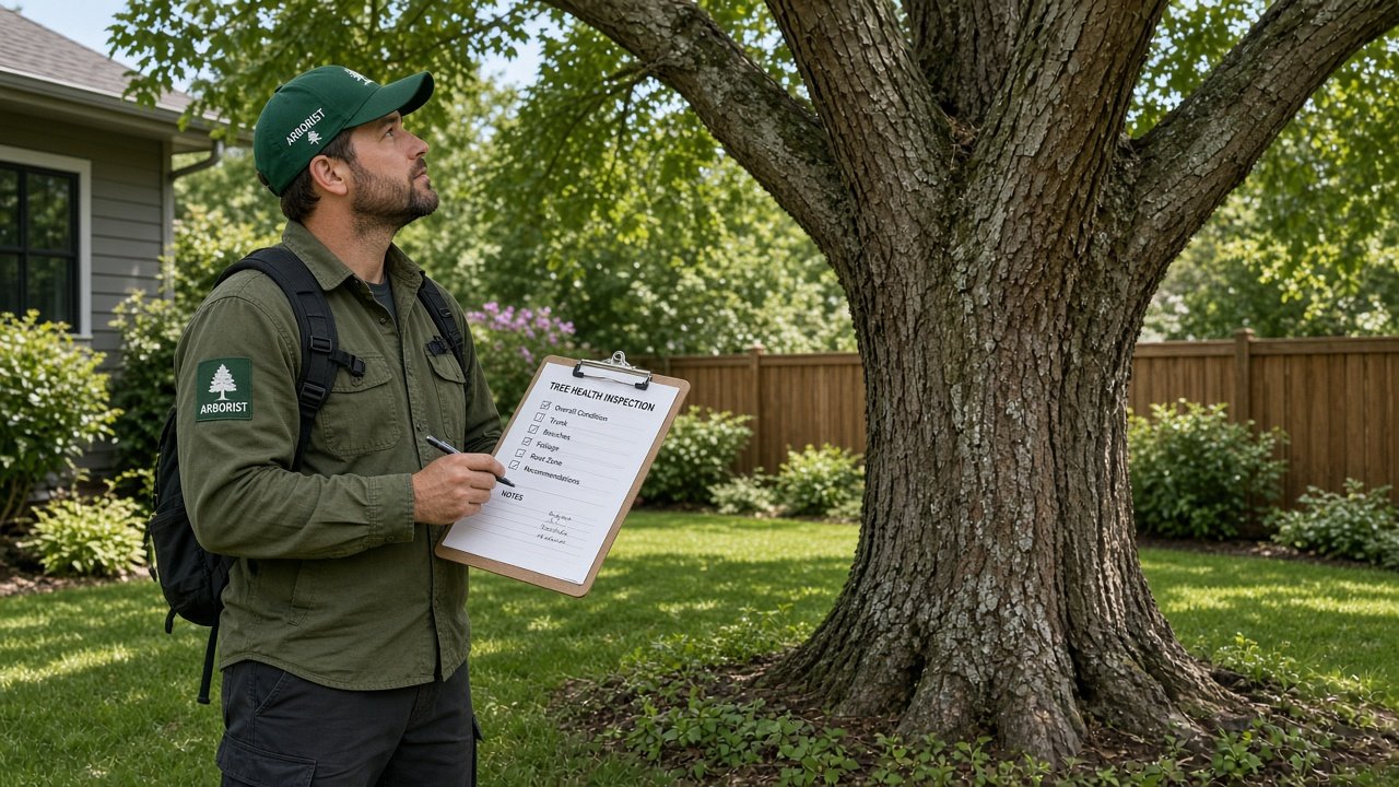 Arborist assessing a marked tree for a removal permit report in Metro Vancouver