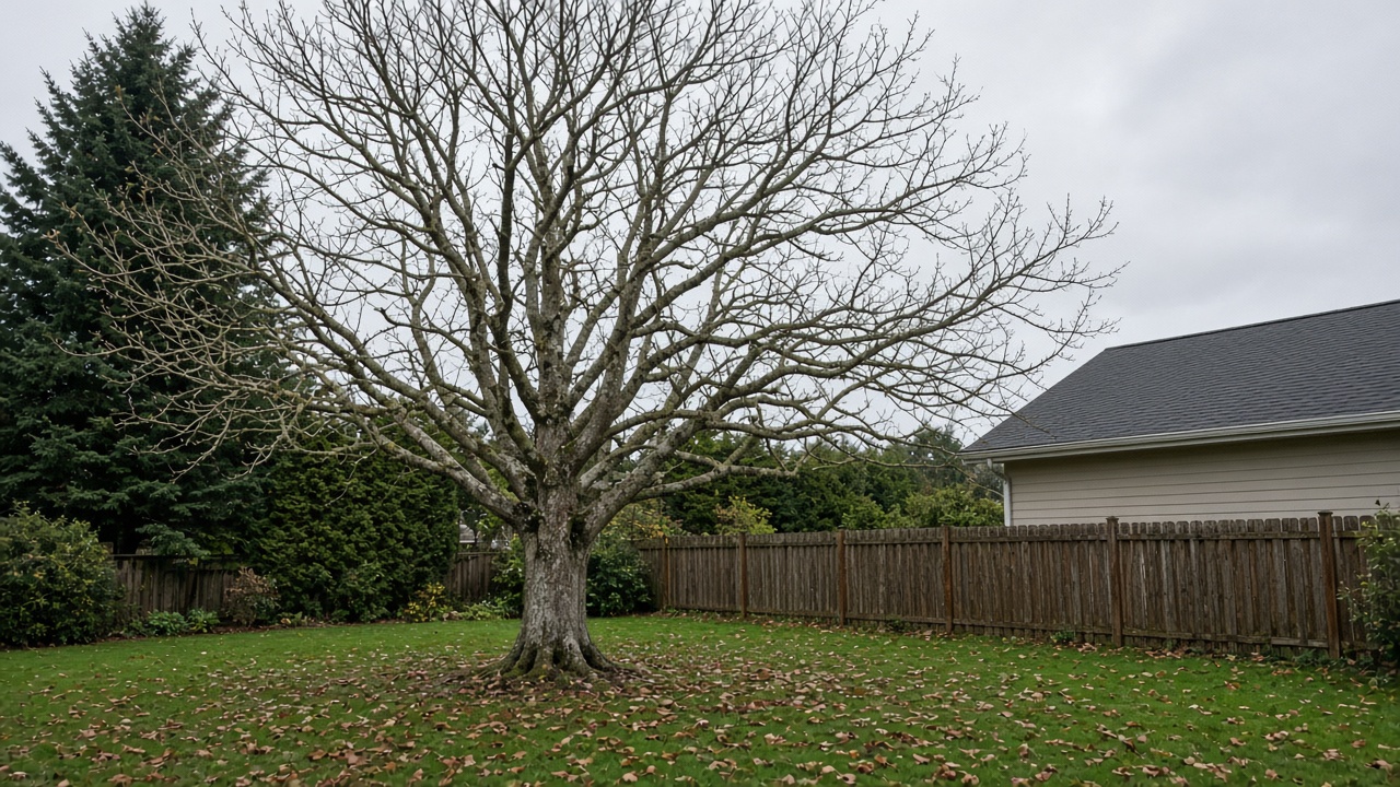 Bare bigleaf maple in a Delta backyard on a grey late-October day, fallen leaves on the damp lawn, limbs visible against an overcast sky near a house roof