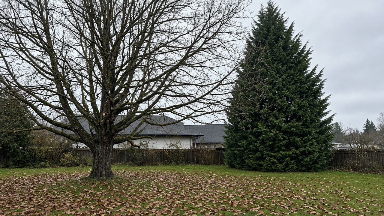 Bare bigleaf maple beside a full western red cedar in a Delta backyard after leaf drop, fallen leaves on the damp lawn, limbs visible against an overcast late-October sky with a house roof behind