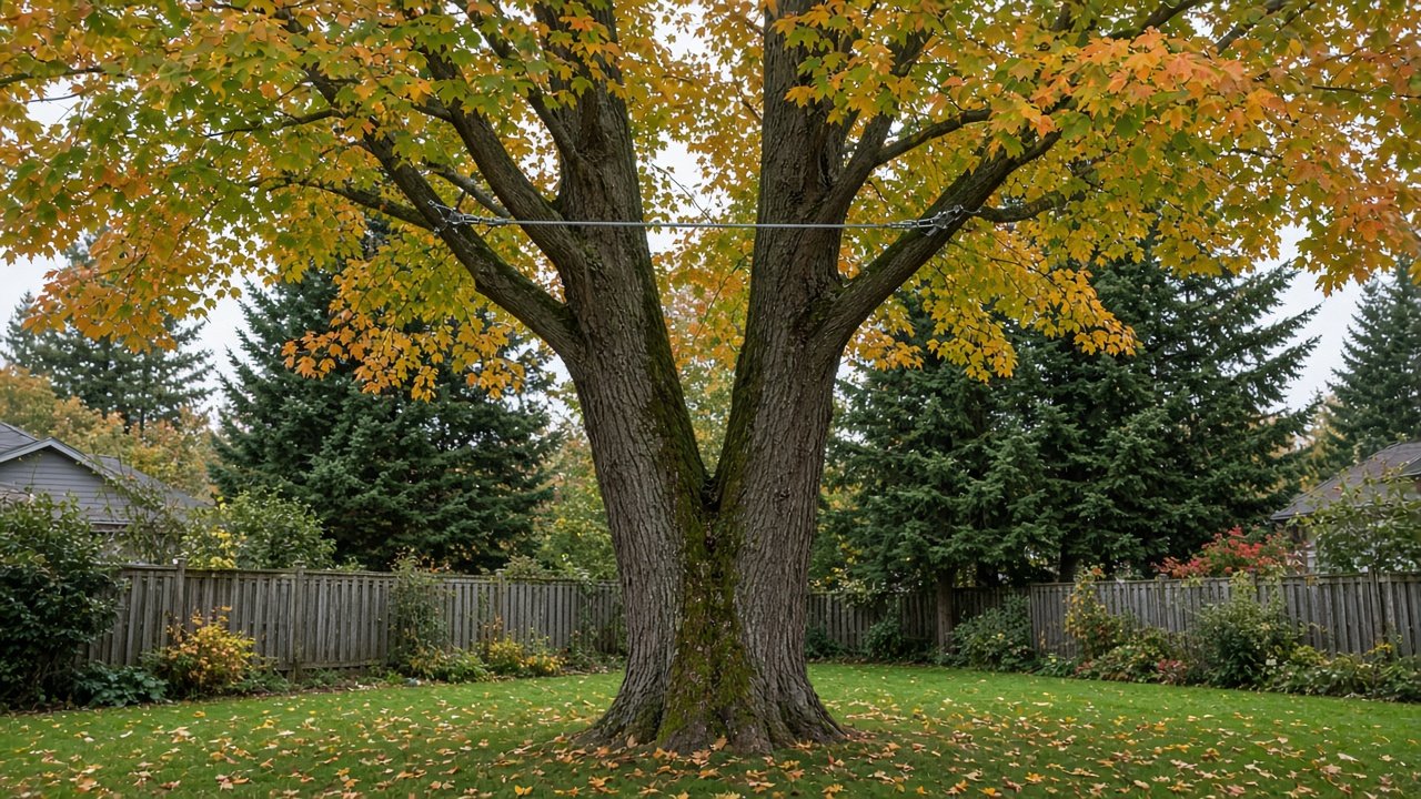 Cable bracing supporting co-dominant tree stems in a Metro Vancouver yard
