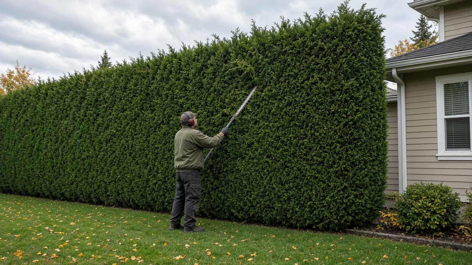 Cedar privacy hedge ready for fall shaping and trimming in a Delta Metro Vancouver yard
