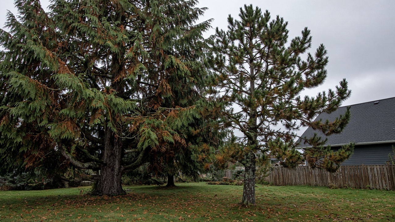 Western red cedar and a second conifer in a Delta front yard on an overcast late-October day, older brown foliage visible inside the green crowns, damp lawn scattered with fallen needles, a house roof and wooden fence behind