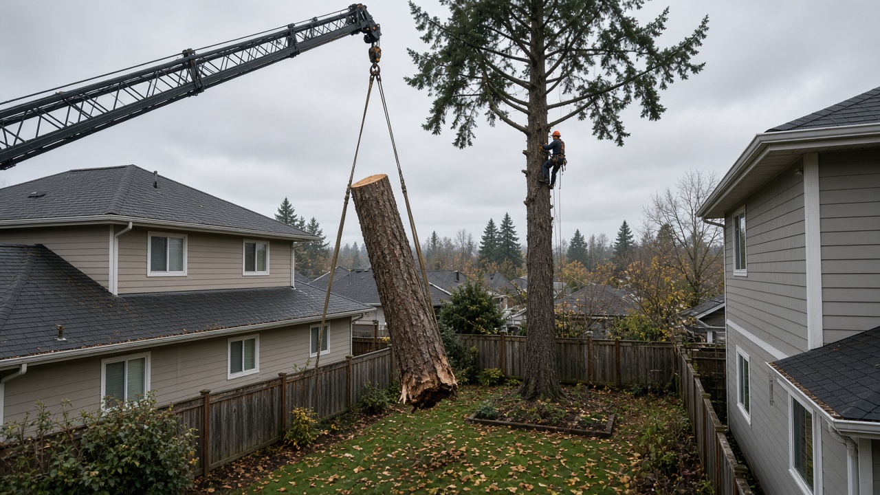 Crane lifting a section of a tall conifer over a house roof from a small fenced backyard in Metro Vancouver on an overcast fall day