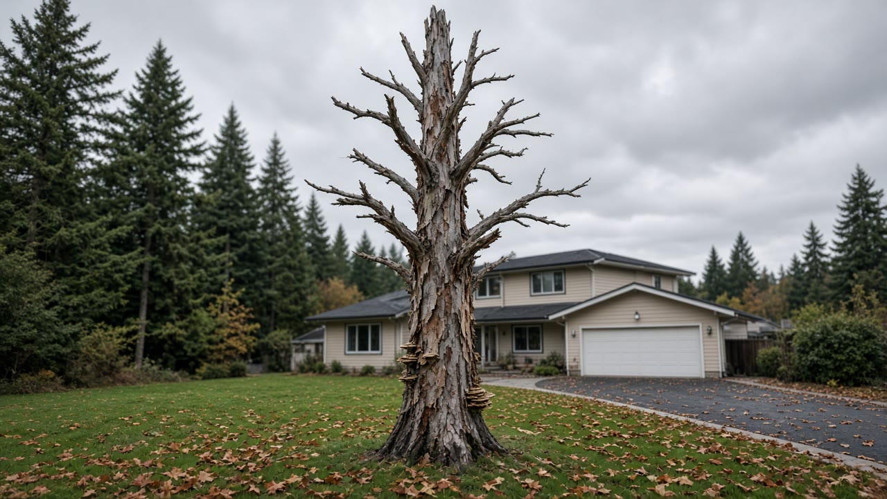Standing dead residential tree (snag) on a Metro Vancouver property before fall rains