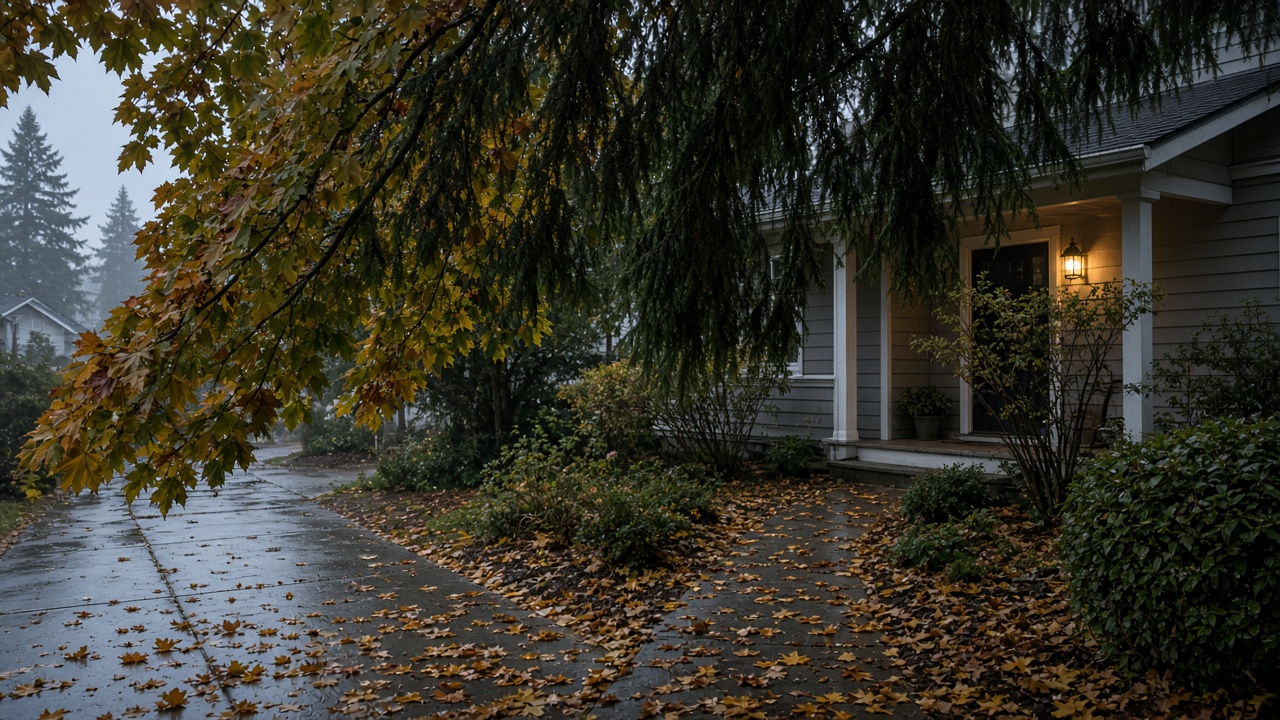 Low overhanging maple limbs over a damp suburban Metro Vancouver driveway on an overcast mid-October day with fall leaves on the ground