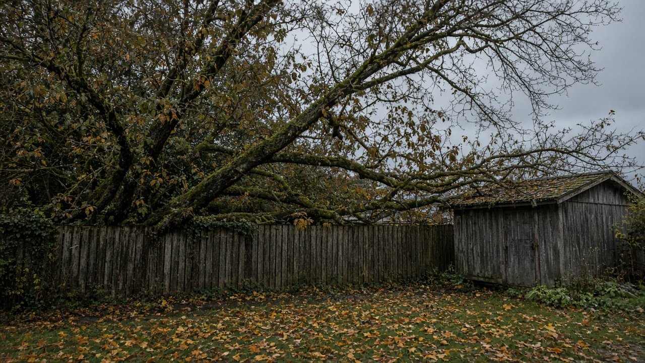 Tree limbs pressing toward a wood fence and small shed in a suburban Metro Vancouver backyard on an overcast mid-October day with damp ground and fall leaves