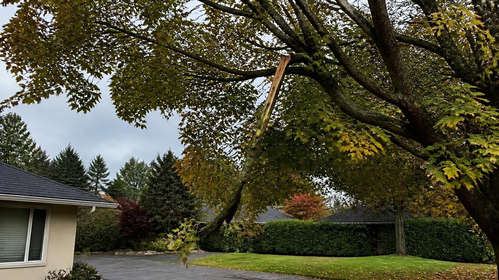 Hanging cracked broken limb still caught in a residential tree canopy after fall winds in Metro Vancouver