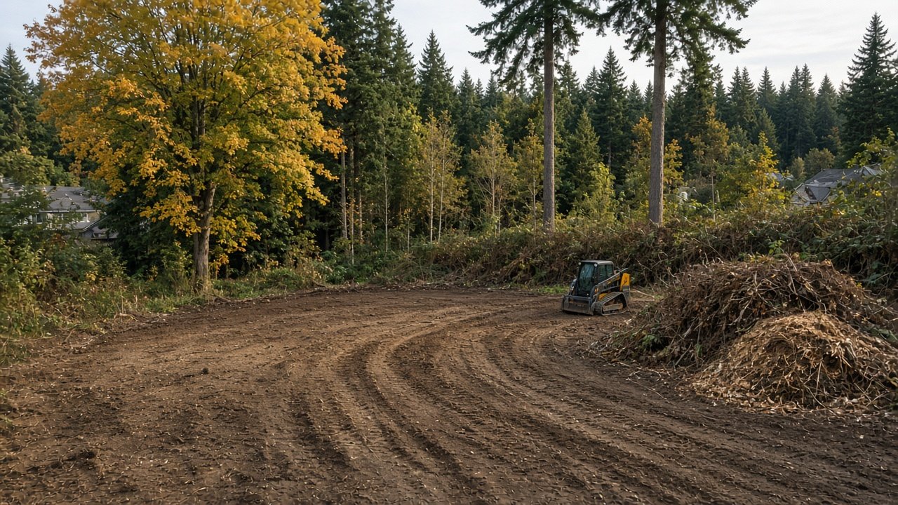 Fall land clearing and brush removal on a Metro Vancouver lot before wet season