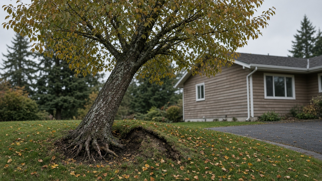 Leaning residential tree with soil heave and root flare concern on a Metro Vancouver property before fall rains