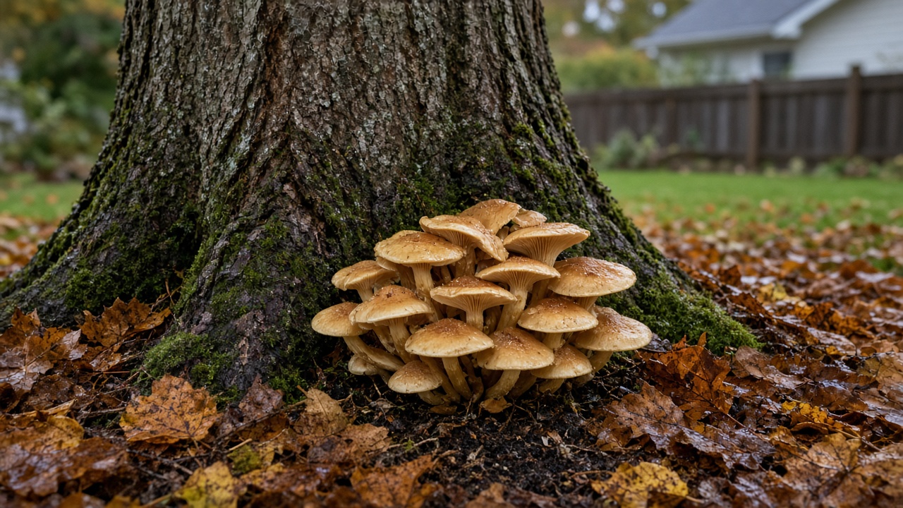 Cluster of honey-coloured mushrooms growing at the base of a mature tree among wet fall leaves in a Metro Vancouver yard