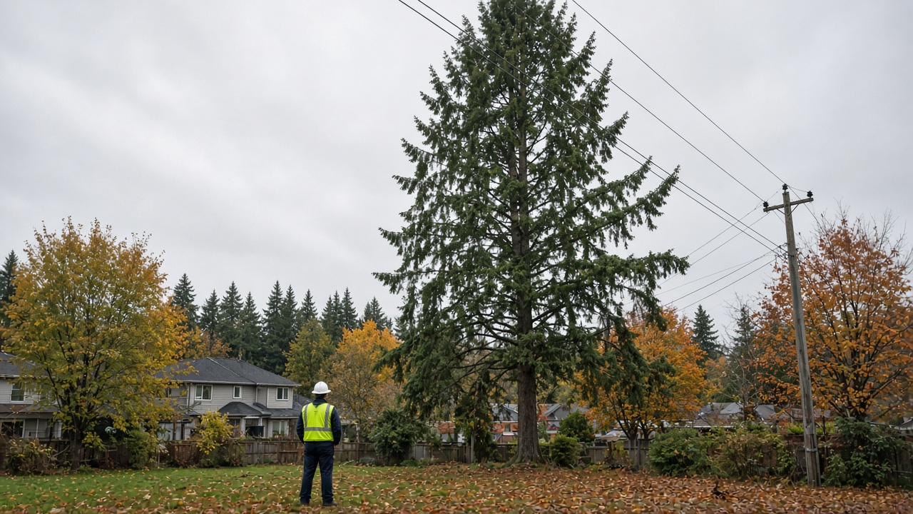 Arborist assessing a tall backyard tree near overhead utility lines in suburban Metro Vancouver on an overcast fall day