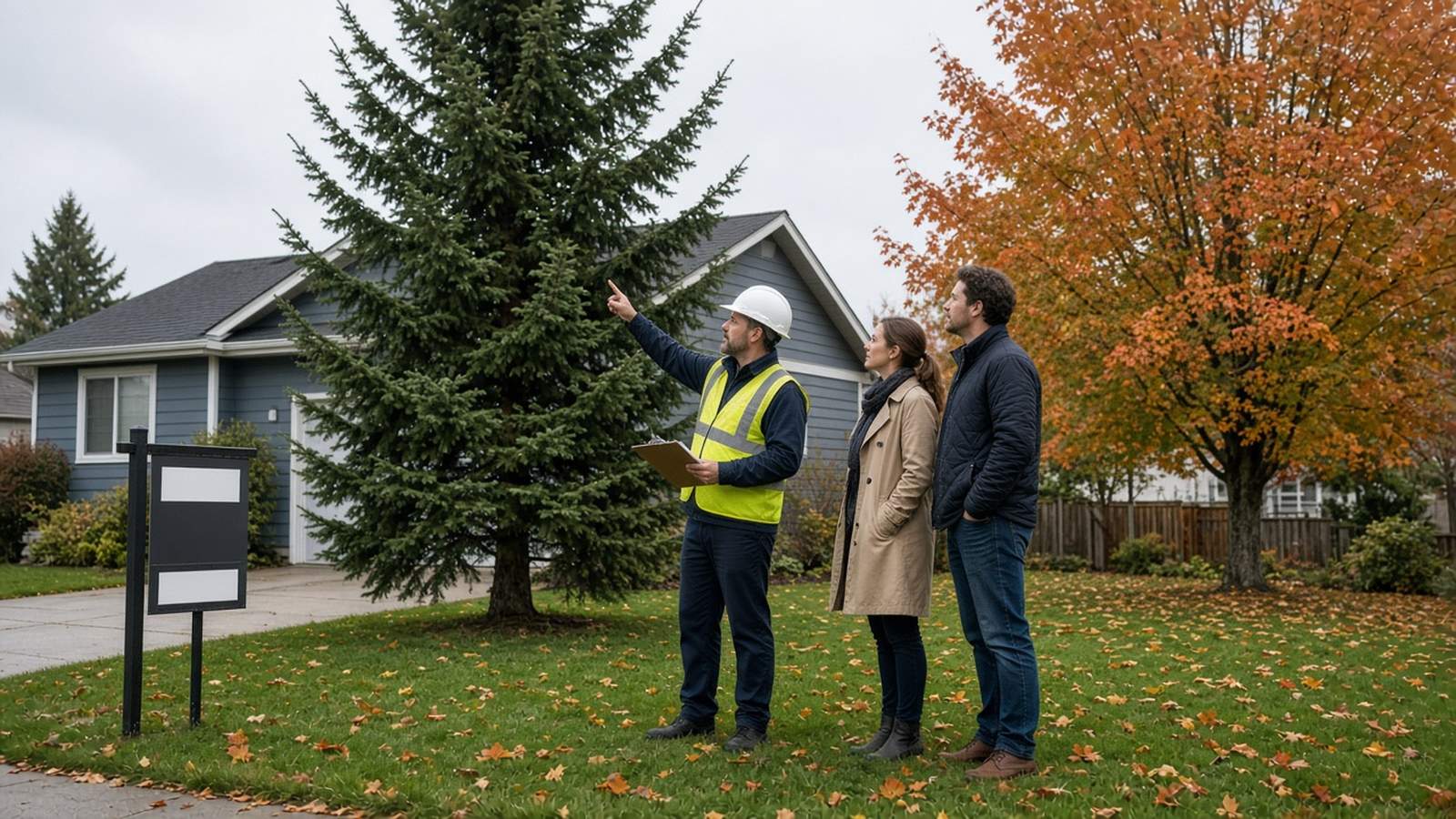 Arborist pointing out a tall Douglas-fir to home buyers in front of a for-sale house in Metro Vancouver on an overcast fall day