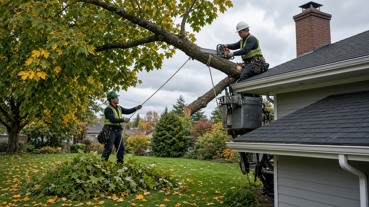 Arborist clearance pruning branches away from a Metro Vancouver roof before fall rains
