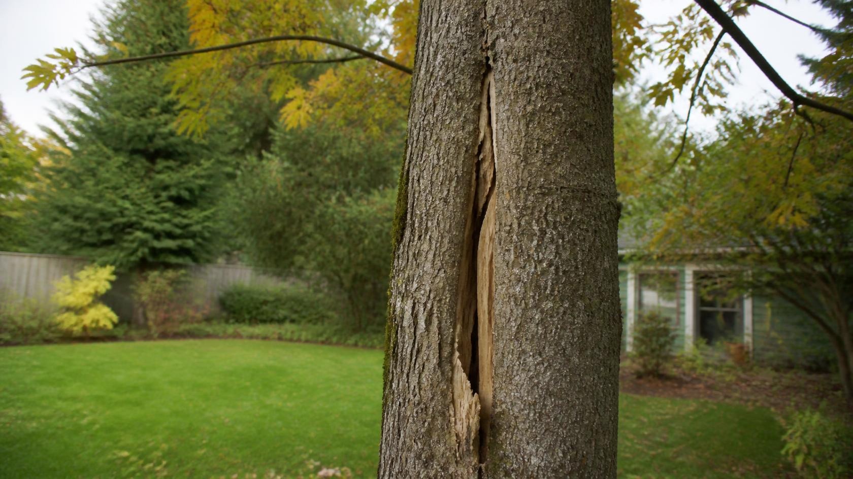 Living tree trunk with a visible longitudinal crack and partial split in the bole in soft fall light Metro Vancouver