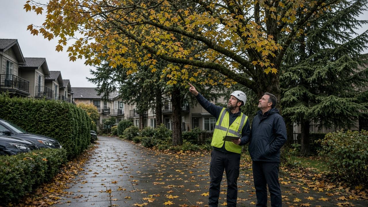 Arborist and property manager inspecting mature trees along a shared walkway at a Metro Vancouver townhouse complex on an overcast fall day.