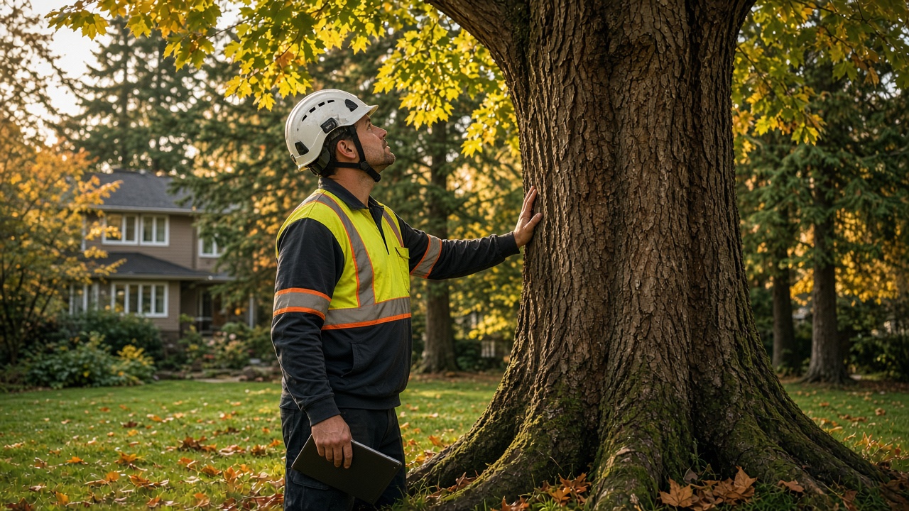Arborist assessing tree health and structure on a Metro Vancouver property before fall rains