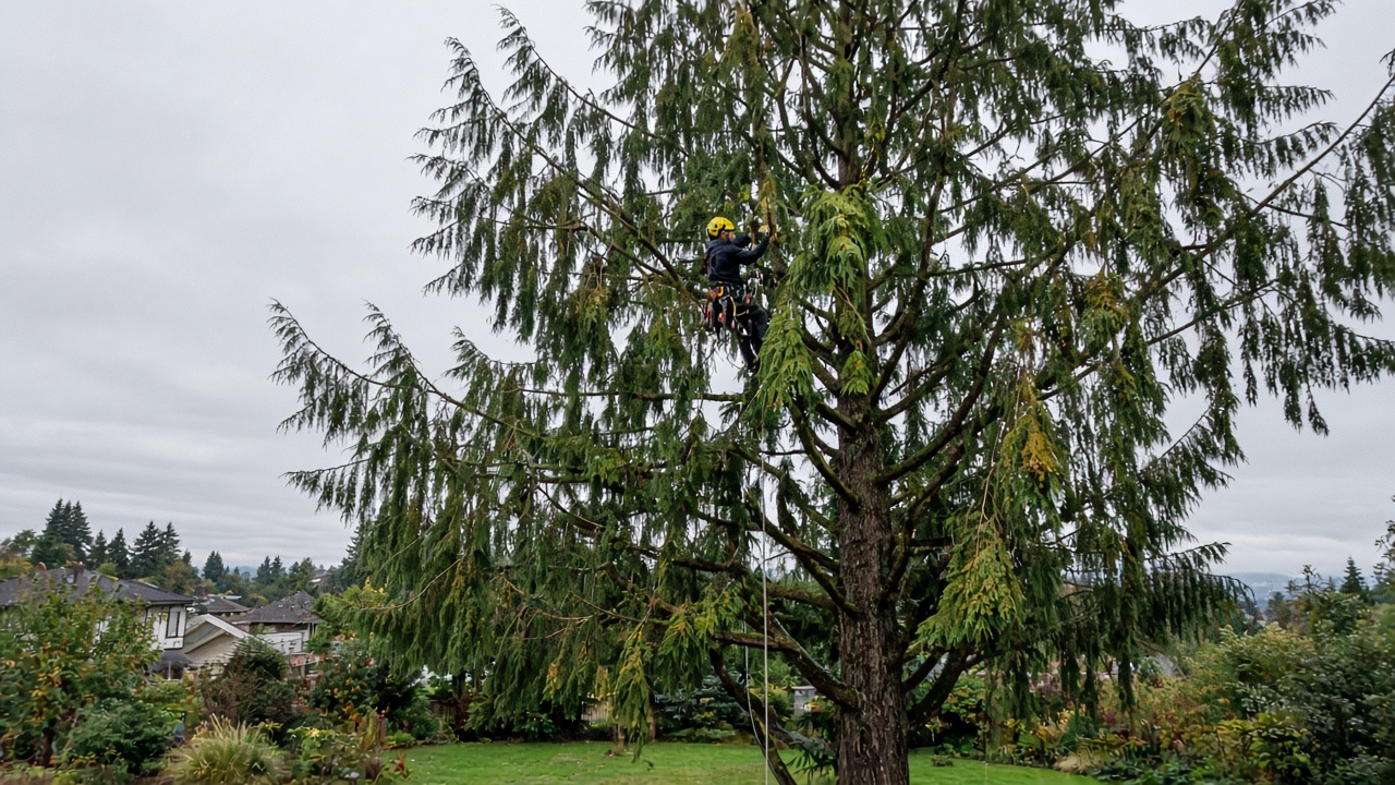 Arborist in a harness making selective pruning cuts in a tall backyard tree on an overcast October day in Metro Vancouver