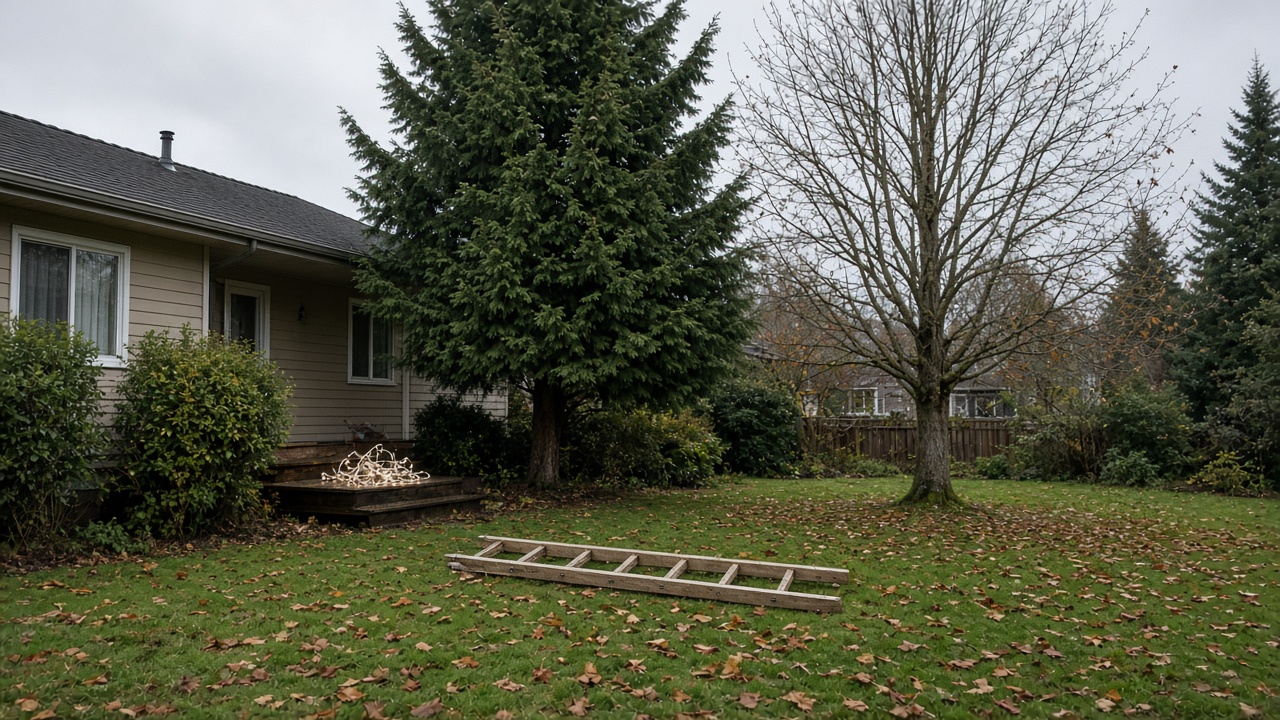Western red cedar and a bare bigleaf maple in a Delta front yard on an overcast late-October day, damp lawn with fallen leaves, a wooden ladder lying on the grass, and a coil of warm-white holiday lights on the porch step
