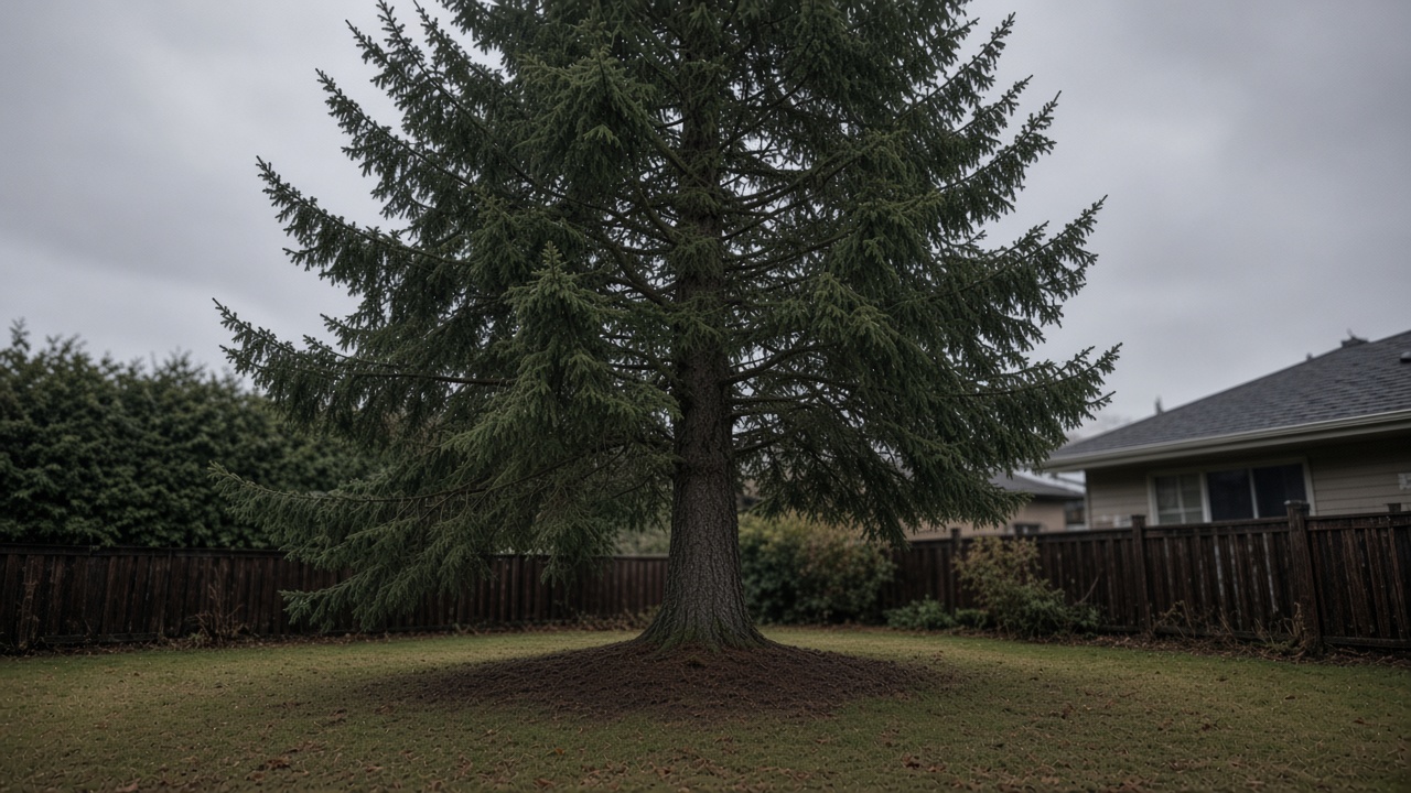 Mature Douglas fir rooted beyond a wooden fence in a Delta backyard, limbs reaching over the fence above a house roof and a wet driveway under an overcast late-October sky