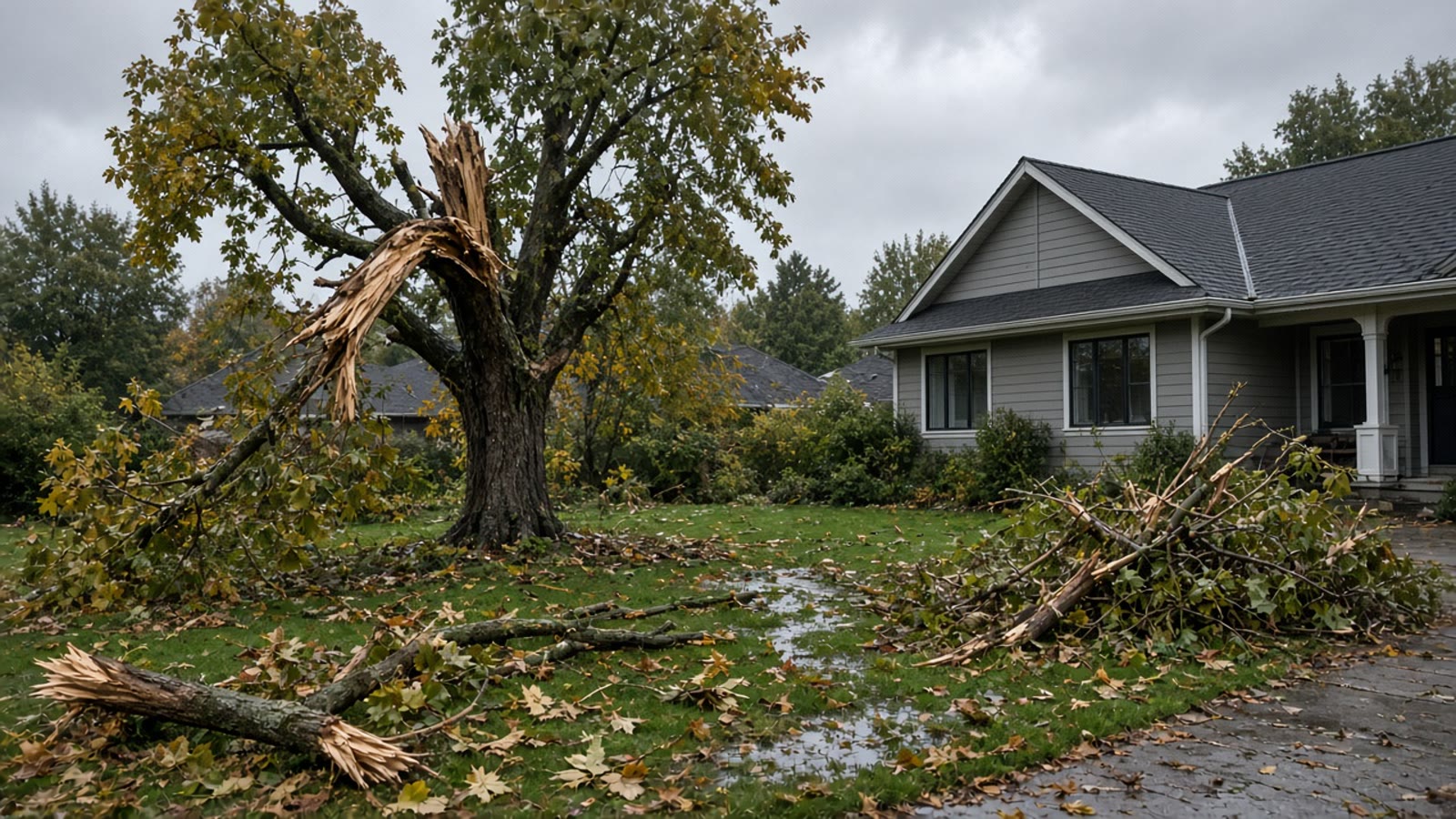 Downed limbs and storm debris after a fall windstorm in a Delta Metro Vancouver yard