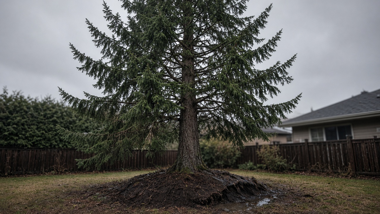 Tall Douglas fir in a Metro Vancouver backyard on a wet overcast fall day, with saturated, slightly mounded soil and standing water at the base