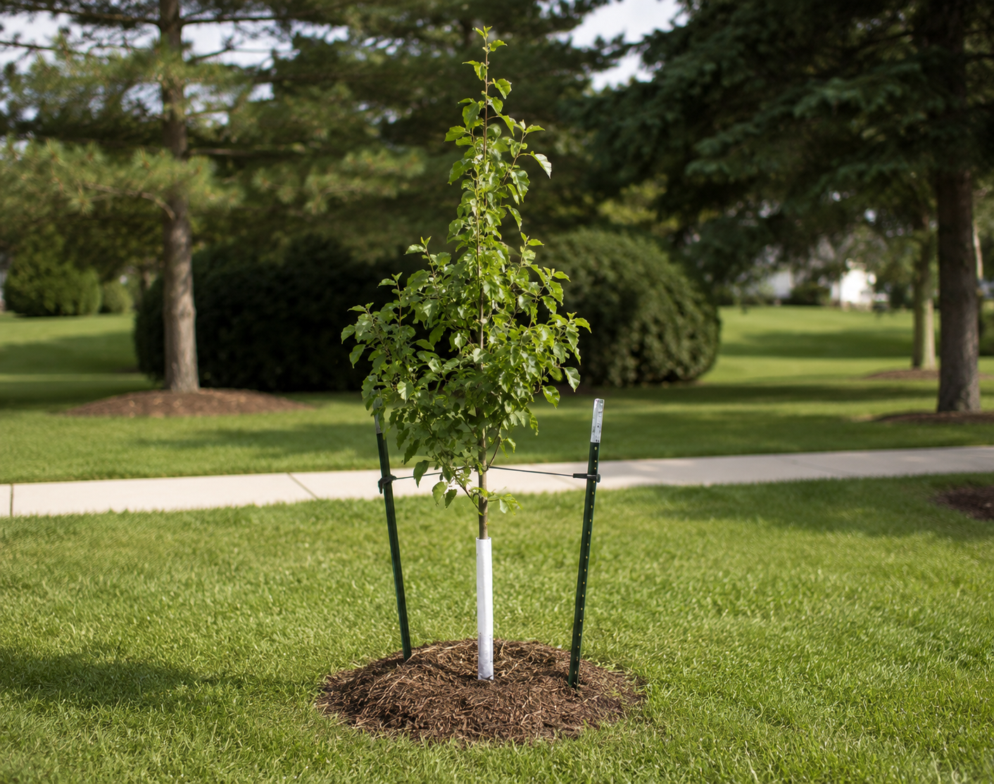 Young tree with support stakes planted in a lawn near a walkway