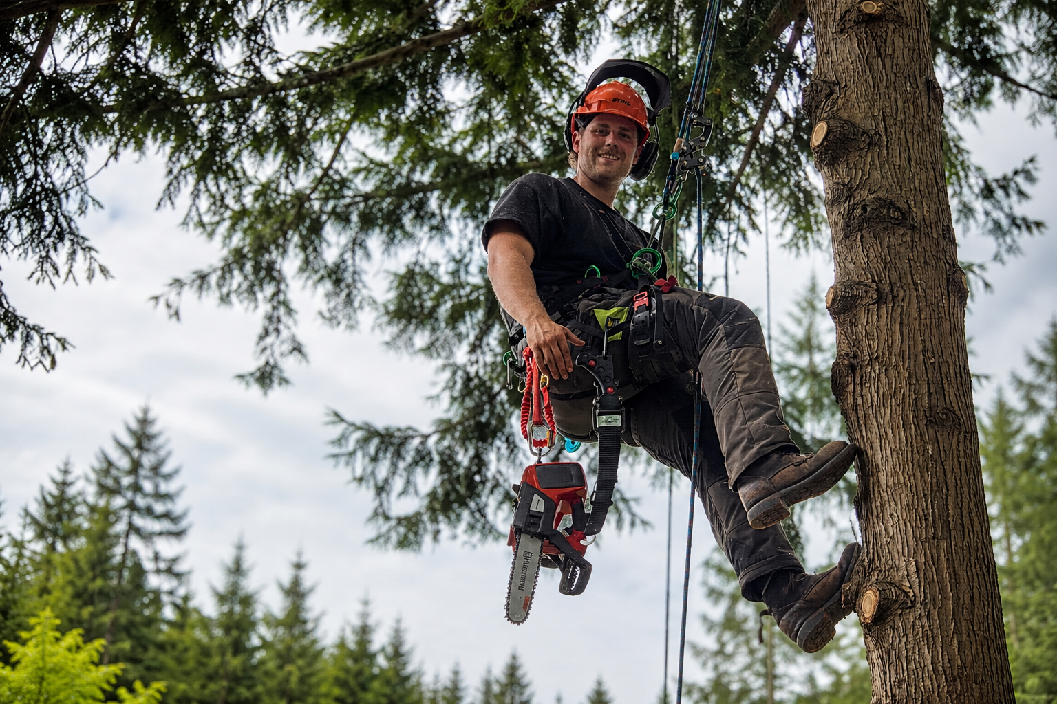 Arborist wearing a helmet and climbing gear beside a tree trunk